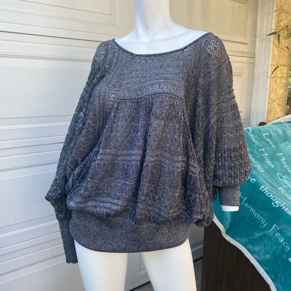 Ladies American rag gray glitter butterfly bat winged boho blouse retro 80’s